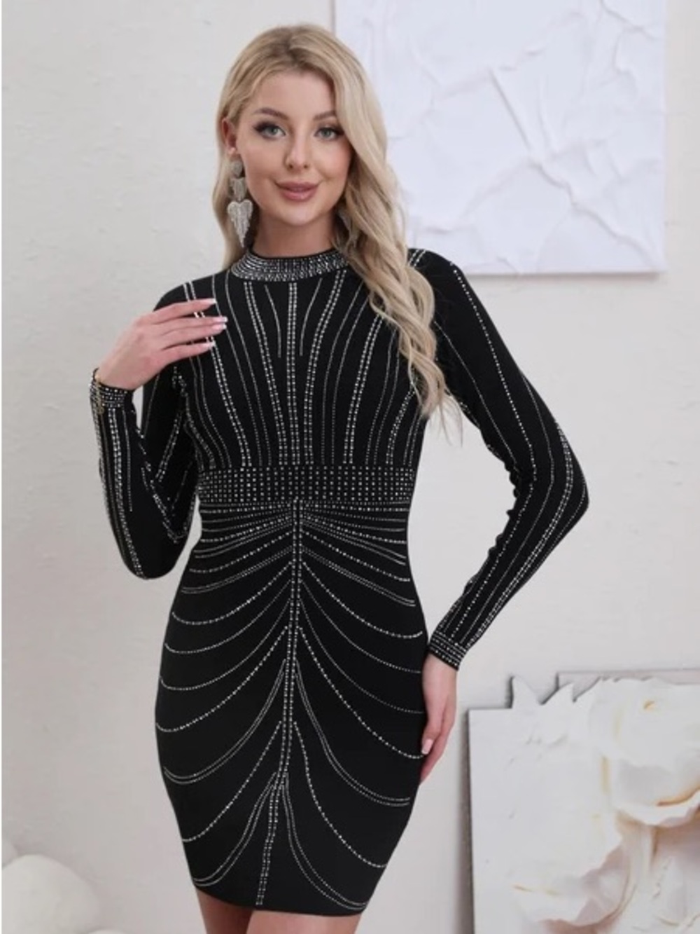 Black Long-Sleeve Rhinestone-Embellished Bodycon Dress
